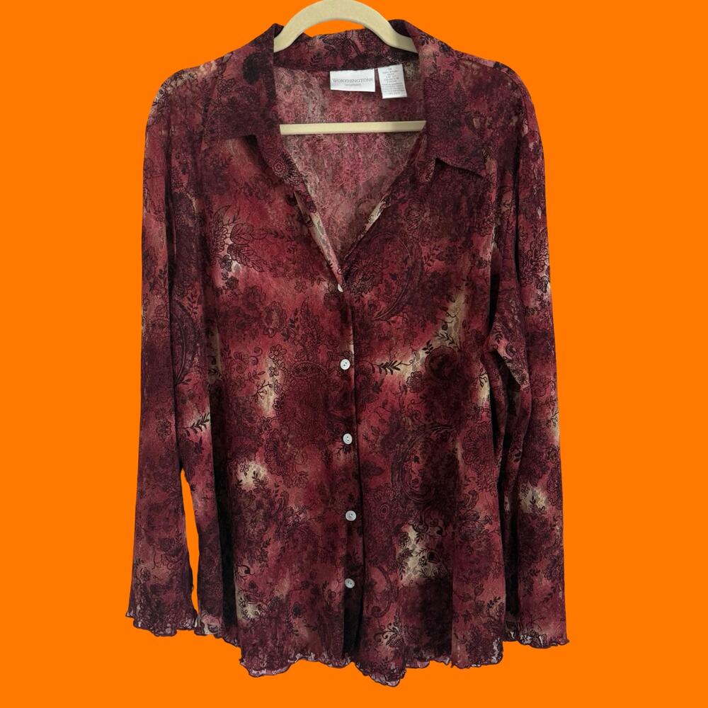 00's vintage boho paisley red mesh floral fairy y2k blouse XL 1X